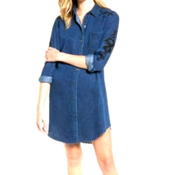 RAILS Chambray Blue Denim Shirt-Dress Raw Hem Embroidered Sz S #103W - Picture 2 of 13
